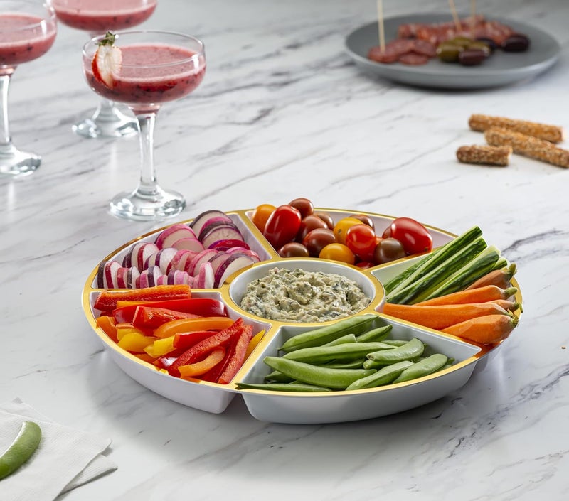 PLASTICPRO 6 Sectional Round Plastic Serving Tray/Platter (2, White & Gold) - Image 3
