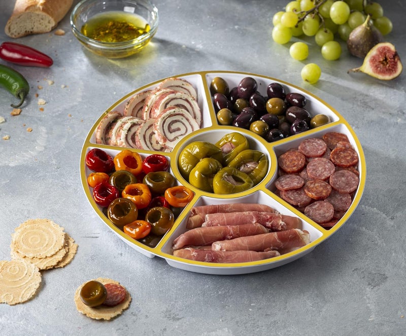 PLASTICPRO 6 Sectional Round Plastic Serving Tray/Platter (2, White & Gold) - Image 2