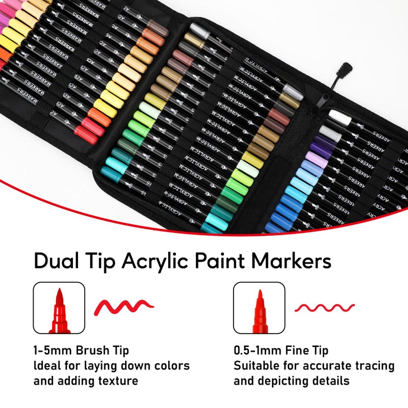 Pagather 60 Colors Acrylic Paint Markers, Dual Tip with Fine Tip and Brush Tip Pens for Stone, Wood, Calligraphy, Canvas, Ceramic, Metal, Glass, Rock Painting, DIY Crafts Art Supplies Kit - Image 2