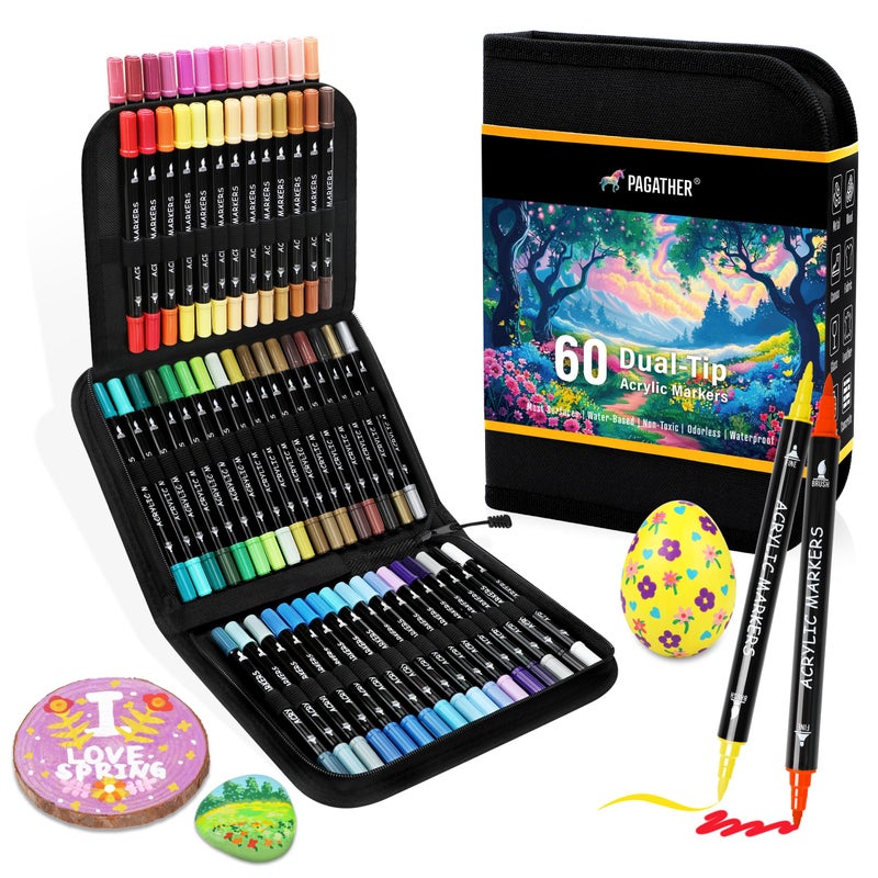 Pagather 60 Colors Acrylic Paint Markers, Dual Tip with Fine Tip and Brush Tip Pens for Stone, Wood, Calligraphy, Canvas, Ceramic, Metal, Glass, Rock Painting, DIY Crafts Art Supplies Kit - Image 1