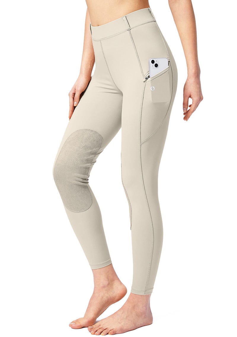 SANTINY Women's Horse Riding Pants with Zipper Pockets Knee-Patch Schooling Tights Equestrian Breeches for Women (Beige_XS) - Image 1