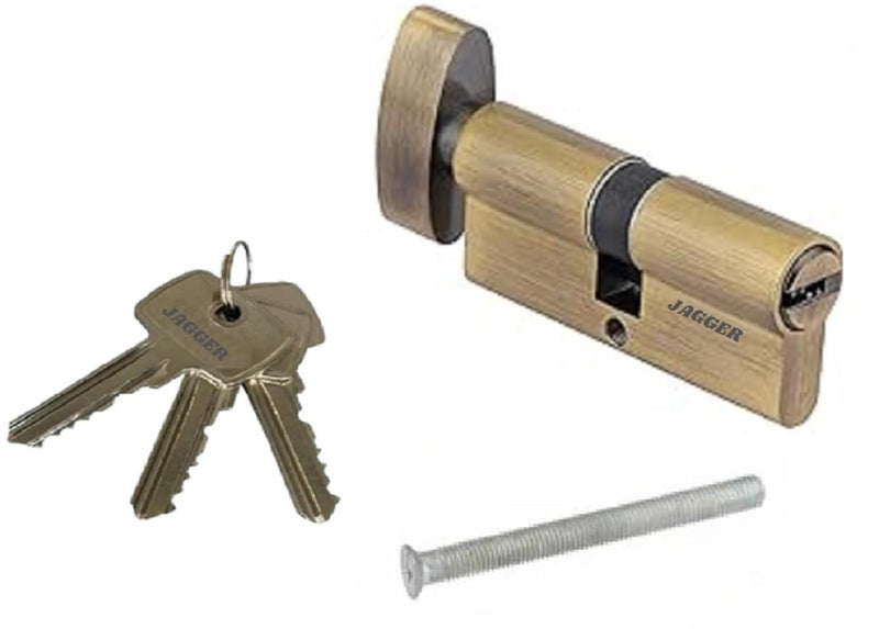 JAGGER قفل أسطوانة JAG343 70 مم | مفتاح من جانب ومقبض من جانب آخر | استبدال أسطوانة قفل مورتيس بحجم كامل للأبواب | للأبواب المنزلية والفندقية (نحاس [70 مم]، أسطوانة قفل مورتيس) - Image 1