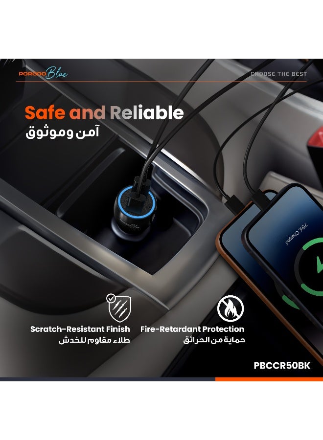 porodo Blue Riva 60W Dual USB-C Car Charger with Simultaneous Charging , Auto-Off Function ,  Fast Charging for iPhone 17/16 Series, Samsung, Huawei, Xiaomi, Redmi, Vivo, Oppo - Image 4
