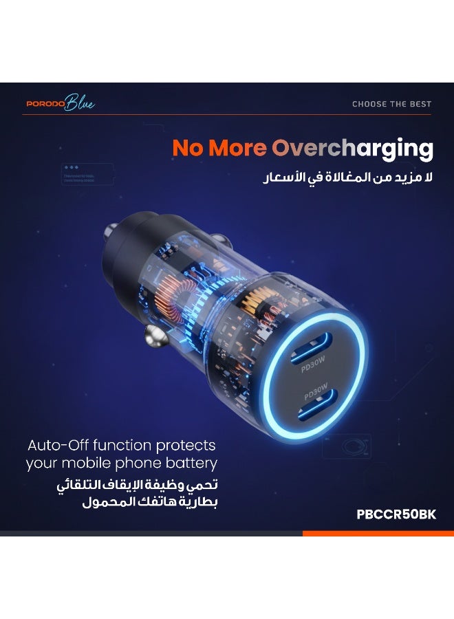 porodo Blue Riva 60W Dual USB-C Car Charger with Simultaneous Charging , Auto-Off Function ,  Fast Charging for iPhone 17/16 Series, Samsung, Huawei, Xiaomi, Redmi, Vivo, Oppo - Image 2