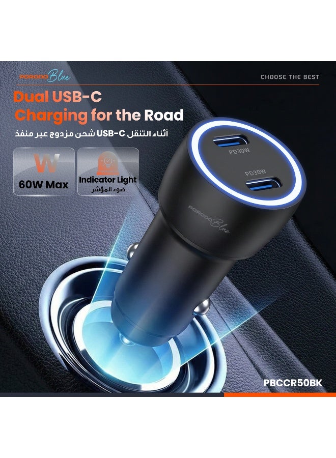 porodo Blue Riva 60W Dual USB-C Car Charger with Simultaneous Charging , Auto-Off Function ,  Fast Charging for iPhone 17/16 Series, Samsung, Huawei, Xiaomi, Redmi, Vivo, Oppo - Image 3