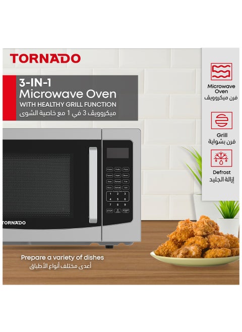 Tornado 30 Liters Digital Microwave Oven 3 in 1 with Grill function 10 Power Levels, 900W, Touch Control panel, Child-Safety-Lock, Defrost Function, 8 Auto cooking function, Silver, TWDG-30L-S-E