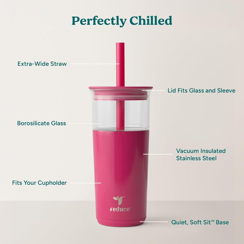 Reduce Aspen 20 oz Vacuum Insulated Glass Tumbler with Lid & Extra Wide Straw - Keeps Drinks Cold for 12 Hrs - Ideal for Iced Coffee, Smoothies & Boba - Dishwasher Safe, Soft Base - Dragonfruit - Image 2