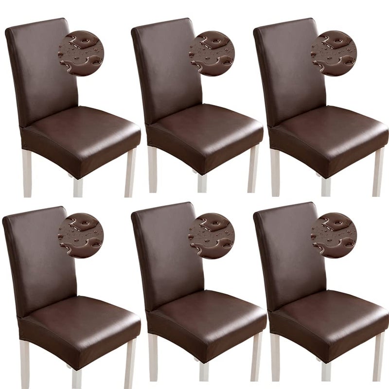 Shukii Stretch Dining Chair Covers Waterproof PU Leather Chair Slipcovers Chair Protector Cover Universal Chair Covers for Dining Room Kitchen Hotel (Set of 6, Coffee) - Image 1
