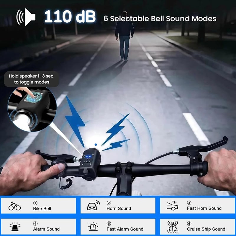 VJK Electric Bike Horn, Bike Light 2 in 1, Large Range Floodlight, IPX5 Waterproof, 110 dB, USB Rechargeable, Bicycle Headlight with Bell for Kids Boys Adults Mountain Bike Scooter - Image 4