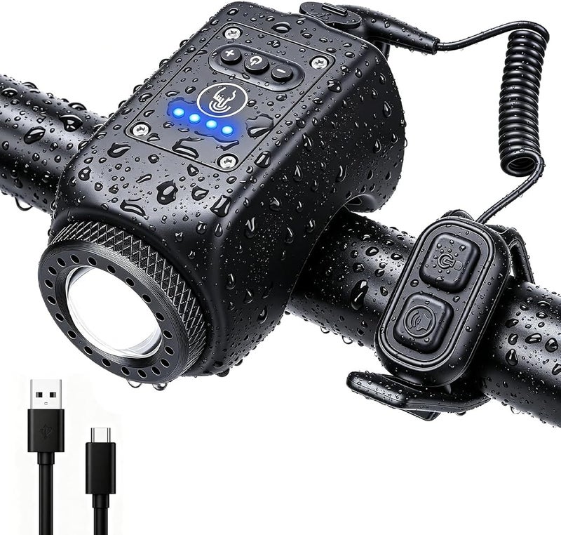 VJK Electric Bike Horn, Bike Light 2 in 1, Large Range Floodlight, IPX5 Waterproof, 110 dB, USB Rechargeable, Bicycle Headlight with Bell for Kids Boys Adults Mountain Bike Scooter - Image 1