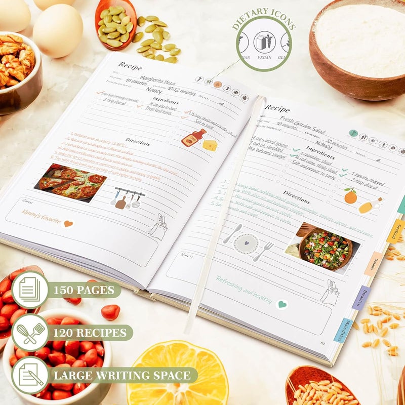 Lanpn Blank Recipe Book Cookbook to Write in Your Own Recipes, B5 Leather Cover Waterproof Empty Cooking Journal for 70 Recipes, Recipe Notebook with Stickers to Organize Your Family Recipes, Oat - Image 3