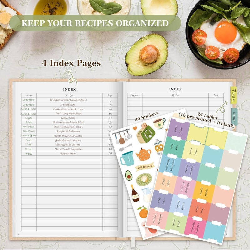 Lanpn Blank Recipe Book Cookbook to Write in Your Own Recipes, B5 Leather Cover Waterproof Empty Cooking Journal for 70 Recipes, Recipe Notebook with Stickers to Organize Your Family Recipes, Oat - Image 5
