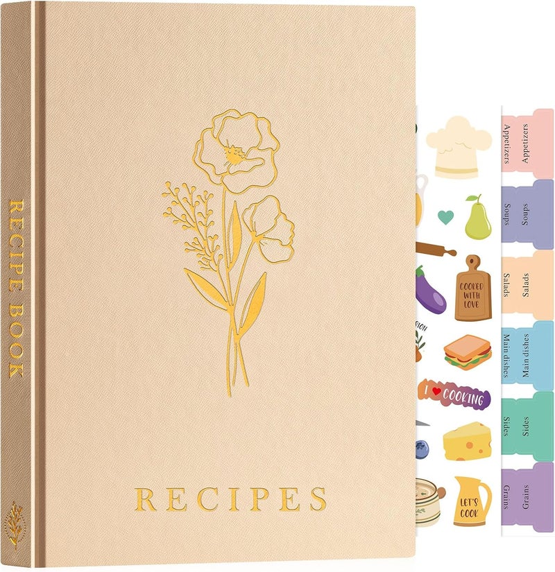 Lanpn Blank Recipe Book Cookbook to Write in Your Own Recipes, B5 Leather Cover Waterproof Empty Cooking Journal for 70 Recipes, Recipe Notebook with Stickers to Organize Your Family Recipes, Oat - Image 1