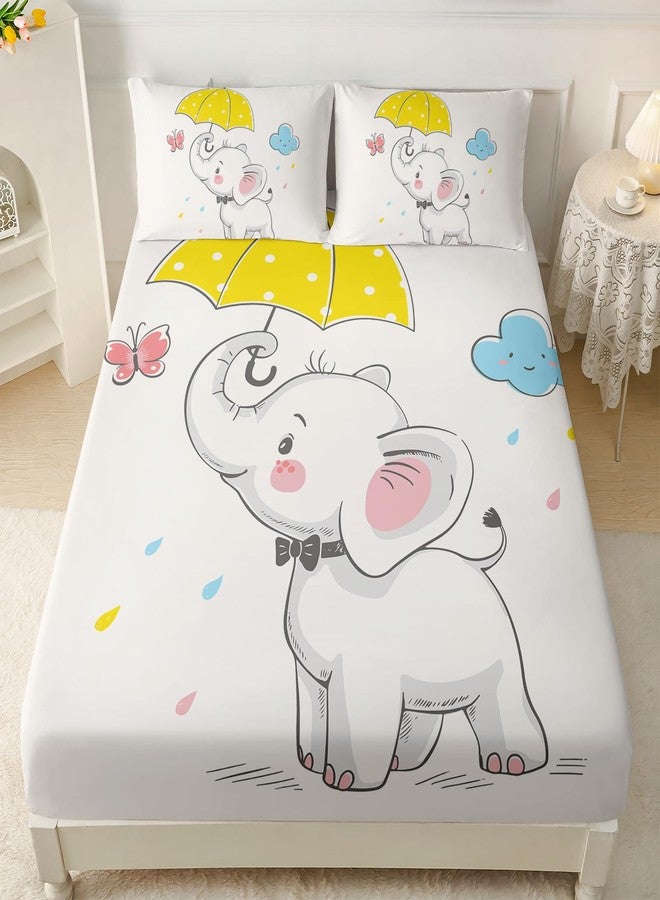 AILONEN Cute Elephant Kids Fitted Sheet Set Twin Size,Rain Funny Elephant Bed Sheet Set for Kids Boys Girls,3 Pieces Print Sheet Set Twin Fitted Sheet with 2 Pillowcases for Room Decor - Image 1