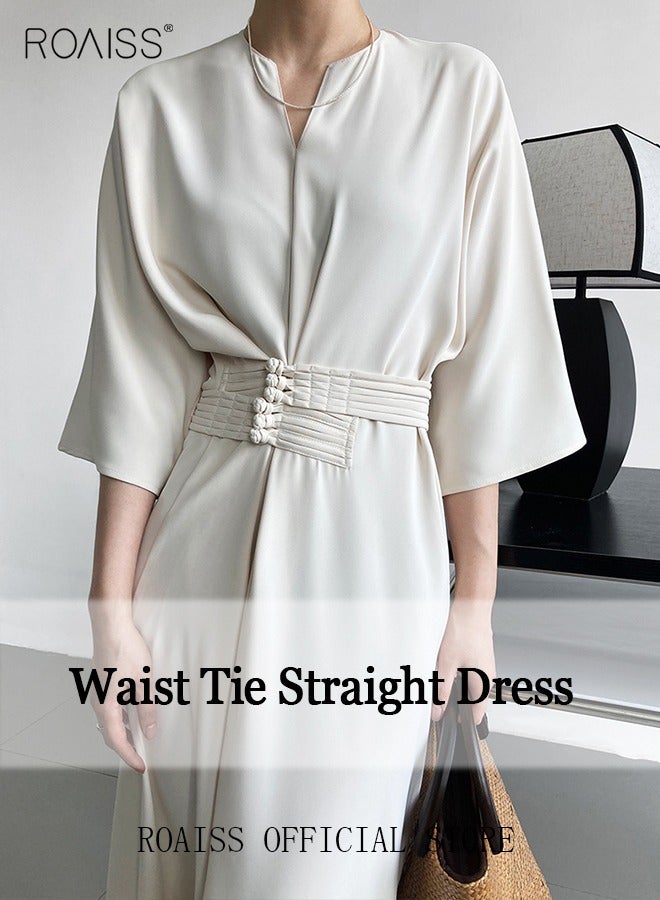 roaiss Women's Dress Straight Version New Chinese Style Improved Long Skirt with Advanced Knot Button Waist Tie Dignified and Concise  - Image 2