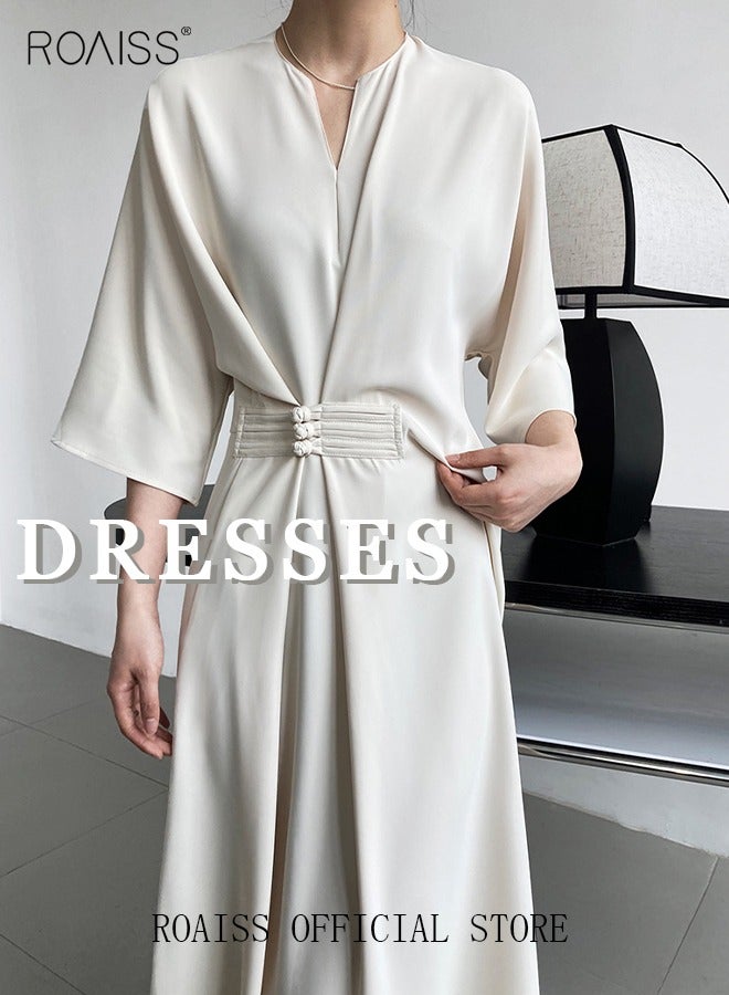 roaiss Women's Dress Straight Version New Chinese Style Improved Long Skirt with Advanced Knot Button Waist Tie Dignified and Concise  - Image 3