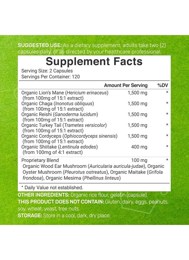DEAL SUPPLEMENT Organic Mushroom Supplement, 8,000mg Per Serving, 240 Capsules – 10 in 1 Defense Formula – Turkey Tail, Lions Mane, Cordyceps, Chaga, & More – Immune, Energy, & Brain Support – Non-GMO  - Image 2
