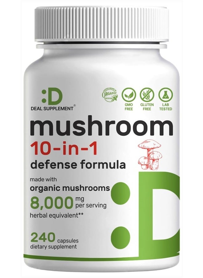DEAL SUPPLEMENT Organic Mushroom Supplement, 8,000mg Per Serving, 240 Capsules – 10 in 1 Defense Formula – Turkey Tail, Lions Mane, Cordyceps, Chaga, & More – Immune, Energy, & Brain Support – Non-GMO  - Image 1