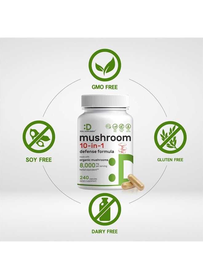 DEAL SUPPLEMENT Organic Mushroom Supplement, 8,000mg Per Serving, 240 Capsules – 10 in 1 Defense Formula – Turkey Tail, Lions Mane, Cordyceps, Chaga, & More – Immune, Energy, & Brain Support – Non-GMO  - Image 3