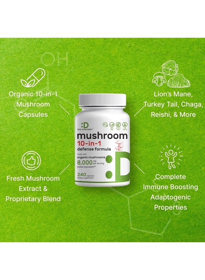 DEAL SUPPLEMENT Organic Mushroom Supplement, 8,000mg Per Serving, 240 Capsules – 10 in 1 Defense Formula – Turkey Tail, Lions Mane, Cordyceps, Chaga, & More – Immune, Energy, & Brain Support – Non-GMO  - Image 4