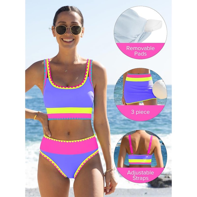 popvil High Waisted Bikini Sets for Women Tummy Control Swimsuits 3 Piece Bathing Suits Neon Swimwear with Skirt 2026 - Image 4