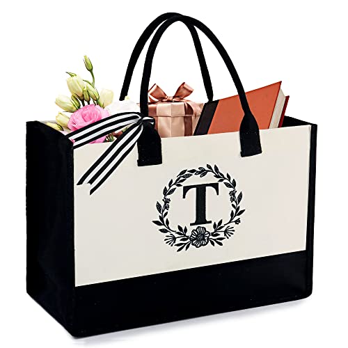 BeeGreen Personalized Tote Bag Monogram Embroidery Birthday Gift Baskets Empty Cute Initial Bag for Womens Teacher Bride Bridesmaid Female Coworkers Large Canvas Totes for Beach Work Wedding T - Image 1