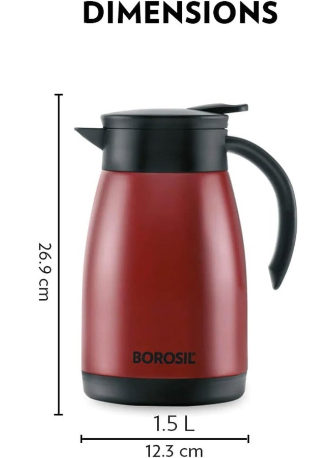 Borosil Vacuum Insulated Stainless Steel Teapot Flask Vacuum Insulated Coffee Pot Red - 1.5 Ltr red - Image 2