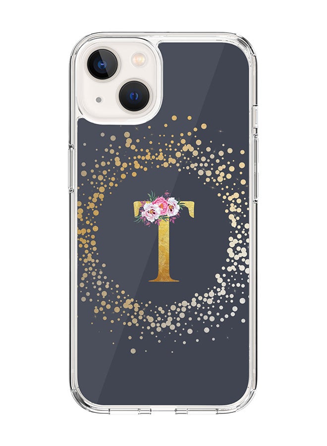 Classic Clear Case For iPhone 15 Plus, Hybrid Soft Case Flexible Edges Thin Cover- Custom Monogram Initial Letter Floral Pattern Alphabet - T (Grey)