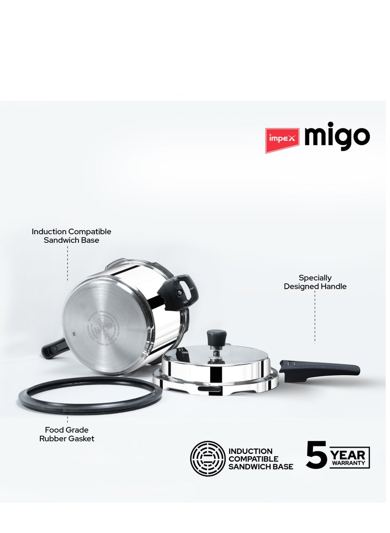 إمبكس قدر ضغط ستانلس ستيل Migo سعة 5 لتر | تصميم بغطاء خارجي | قاعدة متوافقة مع الحث الحراري | آمن ومتين للاستخدام على الغاز وأجهزة الحث الحراري | IFC 5SS - Image 2