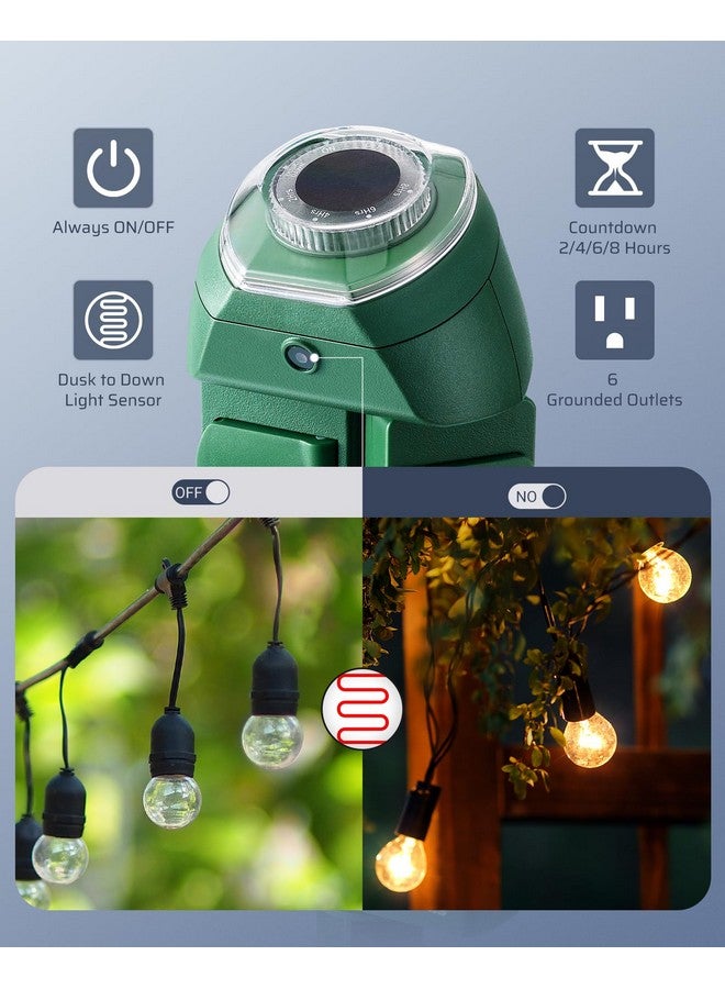 DEWENWILS Outdoor Power Strip Timer with Photocell, Yard Stake Timer Dusk to Dawn, Weatherproof Countdown Light Timer, 6 Outlets 10ft Cord Timer for Lights, Garden, 1875W/15A UL Listed - Image 2