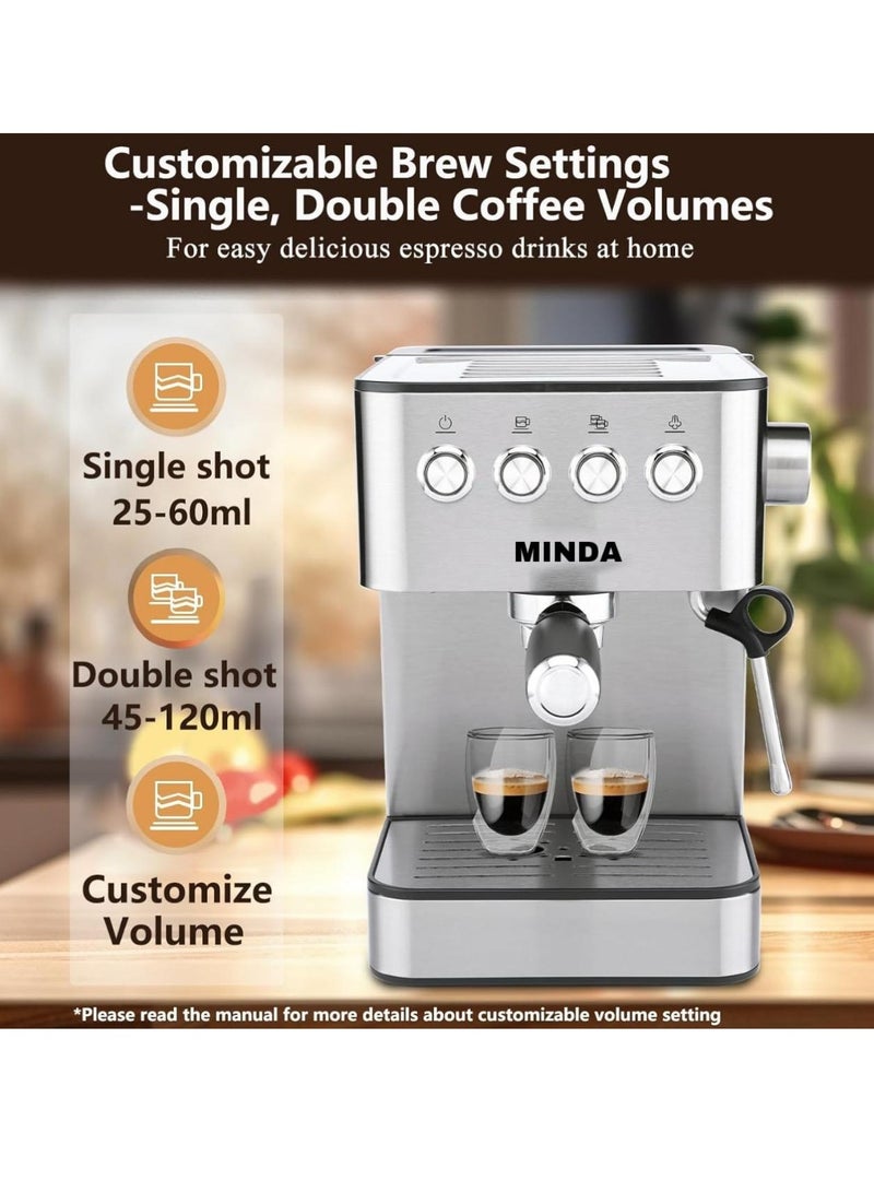 Minda Espresso Coffee Machines, Professional Espresso Machine with Steam Milk Frother Cappuccino & Latte & Americano, Stainless Steel Coffee Espresso Maker for Home with 60.8oz Removable Water Tank - Image 2