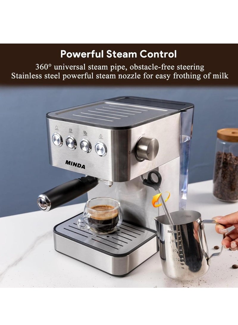 Minda Espresso Coffee Machines, Professional Espresso Machine with Steam Milk Frother Cappuccino & Latte & Americano, Stainless Steel Coffee Espresso Maker for Home with 60.8oz Removable Water Tank - Image 3