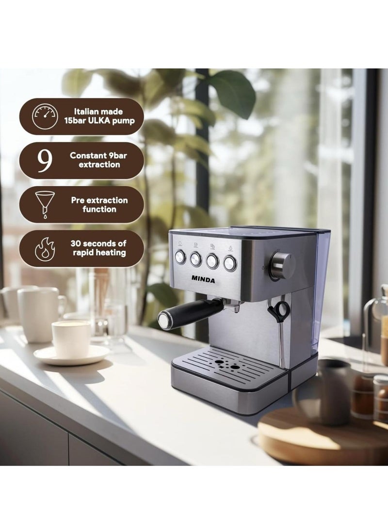 Minda Espresso Coffee Machines, Professional Espresso Machine with Steam Milk Frother Cappuccino & Latte & Americano, Stainless Steel Coffee Espresso Maker for Home with 60.8oz Removable Water Tank - Image 4