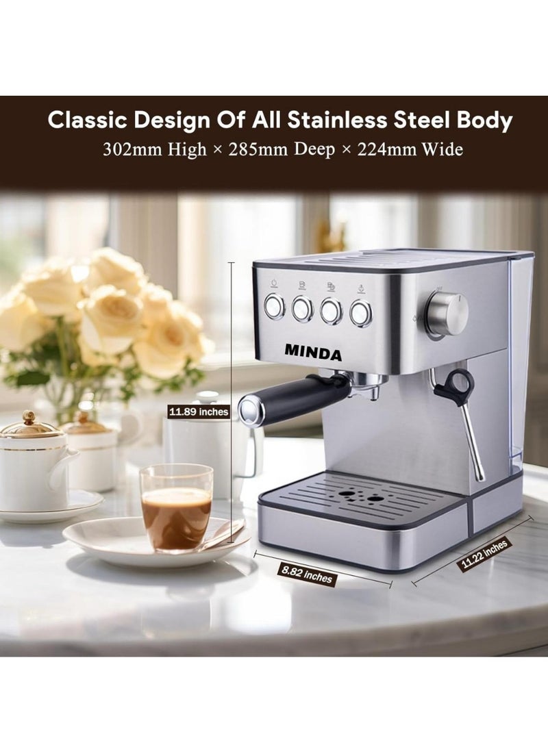 Minda Espresso Coffee Machines, Professional Espresso Machine with Steam Milk Frother Cappuccino & Latte & Americano, Stainless Steel Coffee Espresso Maker for Home with 60.8oz Removable Water Tank - Image 5