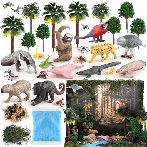 wookidel 37PCS Rainforest Animals Figures Toys Set Rainforest Diorama Supplies Include Jungle Animal FigurinesTrees Moss Sand Stones for Kids Historical Education School Project Decoration Birthday - Image 1