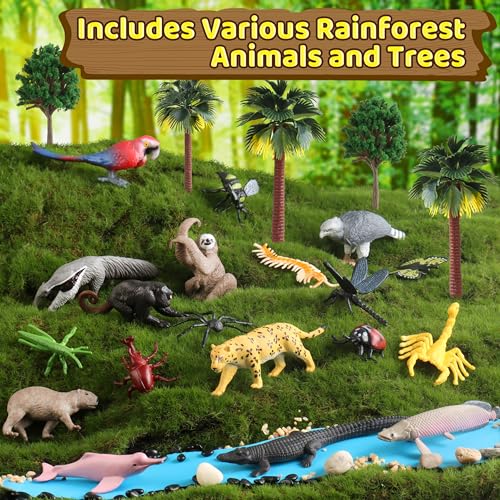 wookidel 37PCS Rainforest Animals Figures Toys Set Rainforest Diorama Supplies Include Jungle Animal FigurinesTrees Moss Sand Stones for Kids Historical Education School Project Decoration Birthday - Image 5