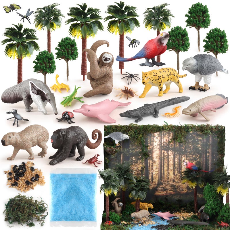 wookidel 37PCS Rainforest Animals Figures Toys Set Rainforest Diorama Supplies Include Jungle Animal FigurinesTrees Moss Sand Stones for Kids Historical Education School Project Decoration Birthday - Image 3