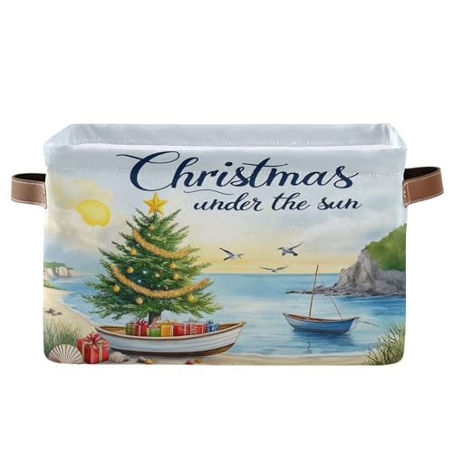 Wamika Christmas Beach Time Storage Basket with Waterproof Liner and PU Handles Xmas Tree Summer Theme Storage Bins Boxes 142 Collapsible Decorative Organizer Baskets for Bedroom Closet Office 1 Pack - Image 1