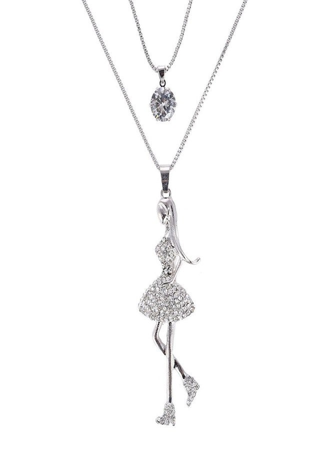 Shining Diva Valentine Gift by Shining Diva DANCING ANGEL Crystal Long Chain Pendant Necklace For Girls and Women | Valentine Gifts for Girlfriend, Wife, Gift for Her(Silver)(vg8150np) - Image 1