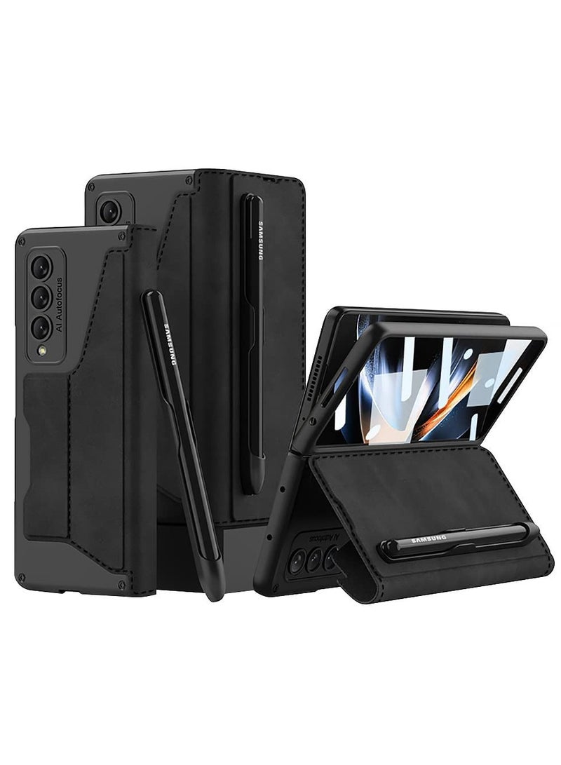 SYOSI fit for Galaxy Z Fold 4 Leather Case with S Pen Holder Built-in Screen Protector Military Armor Cases Full Body Anti-Scratch Hard Slim Cover Samsung 5G (Black) - Image 1