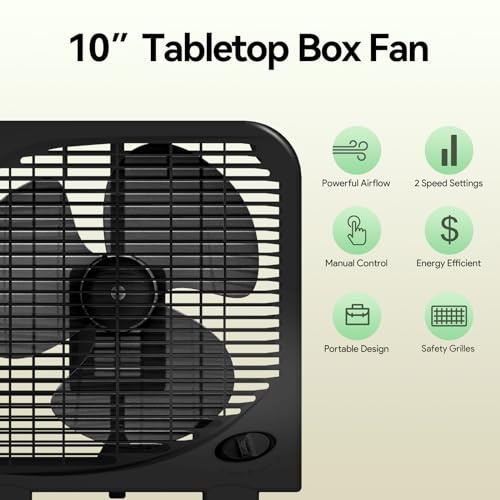 shinic 10" Tabletop Box Fan for Bedroom, 2 Speeds, Quiet Table Fans with Strong Airflow, Energy Efficient Small Box Fan, Portable Kitchen Exhaust Fans for Bedroom Bathroom Office Dorm Workshop, Black - Image 4