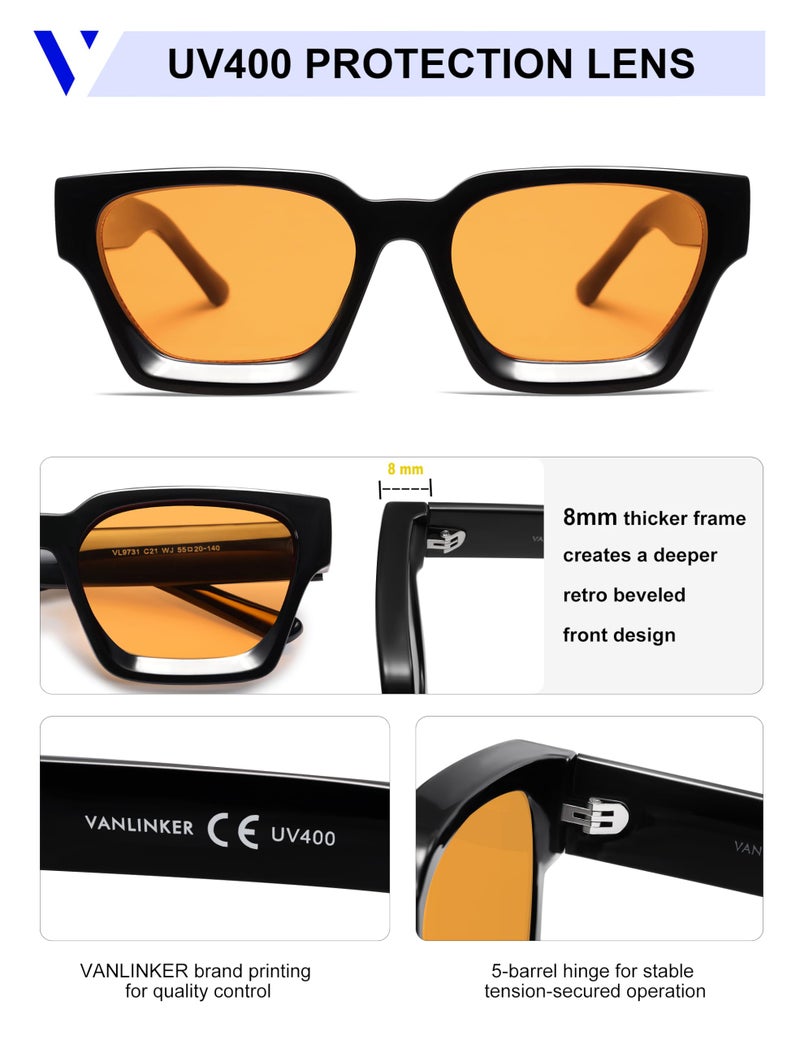 VANLINKER Thick Square Sunglasses for Men Women Retro Chunky Rectangle Trendy Shades VL9731 Black + Black/Yellow Tinted Lens - Image 4