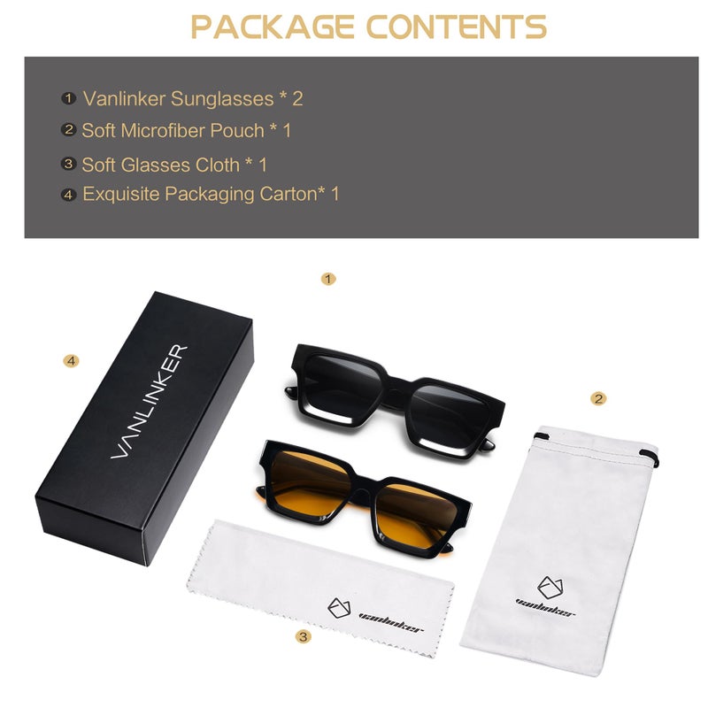 VANLINKER Thick Square Sunglasses for Men Women Retro Chunky Rectangle Trendy Shades VL9731 Black + Black/Yellow Tinted Lens - Image 5