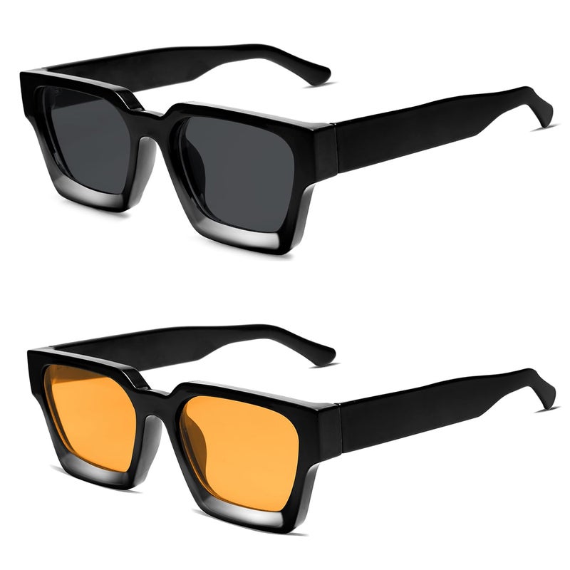 VANLINKER Thick Square Sunglasses for Men Women Retro Chunky Rectangle Trendy Shades VL9731 Black + Black/Yellow Tinted Lens - Image 1