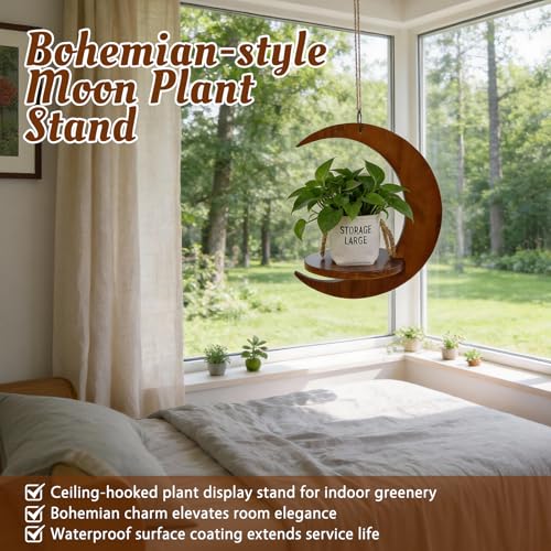 Tnstbiee Moon-Shaped Wooden Hanging Plant Stand,Nordic Modern Window Plant Shelf, Space-Saving Indoor Flower Holder for 3-5.5 Inch Pots,Aesthetic Hanging Plant Tray Decor,Gifts for Gardener & Mother - Image 3