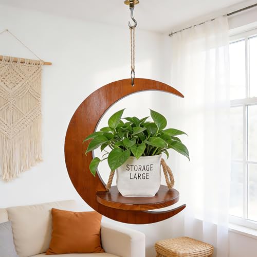 Tnstbiee Moon-Shaped Wooden Hanging Plant Stand,Nordic Modern Window Plant Shelf, Space-Saving Indoor Flower Holder for 3-5.5 Inch Pots,Aesthetic Hanging Plant Tray Decor,Gifts for Gardener & Mother - Image 1