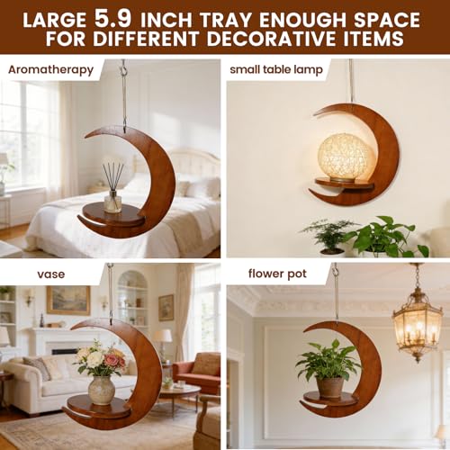 Tnstbiee Moon-Shaped Wooden Hanging Plant Stand,Nordic Modern Window Plant Shelf, Space-Saving Indoor Flower Holder for 3-5.5 Inch Pots,Aesthetic Hanging Plant Tray Decor,Gifts for Gardener & Mother - Image 5