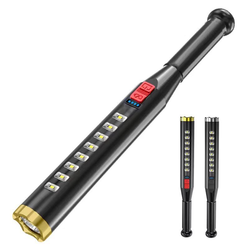 Self-Defense wolf tooth stick strong light flashlight cross-border outdoor USB charging security patrol cob baseball bat flashlight Gold - Image 1
