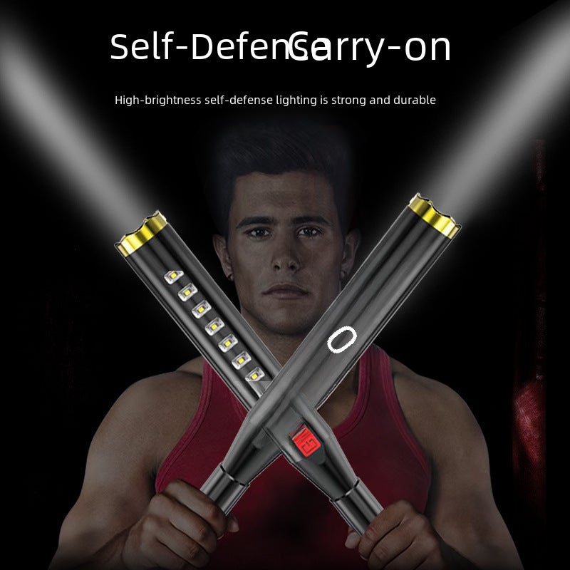 Self-Defense wolf tooth stick strong light flashlight cross-border outdoor USB charging security patrol cob baseball bat flashlight Gold - Image 2