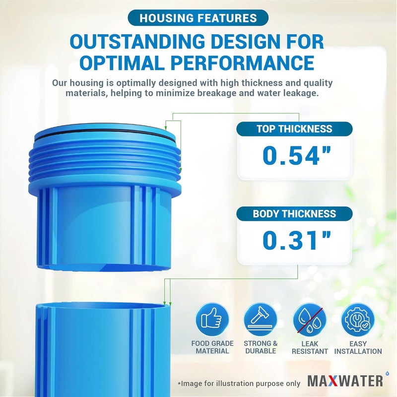 Max Water 20" x 4.5" Whole House Water Filter Housing (WHB20), 20" Sediment Carbon Filter Universal Housing (DB20P), Big Filter Blue Pre-Filtration System for Well Water, 1" NPT Port, Pressure Release - Image 4